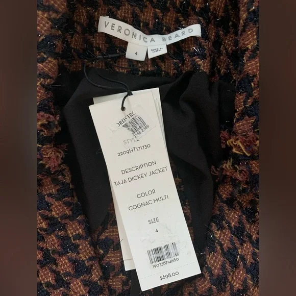 Veronica Beard Taja Dickey Jacket Size 4 Cognac Brown Tweed Houndstooth Blazer - Picture 8 of 16